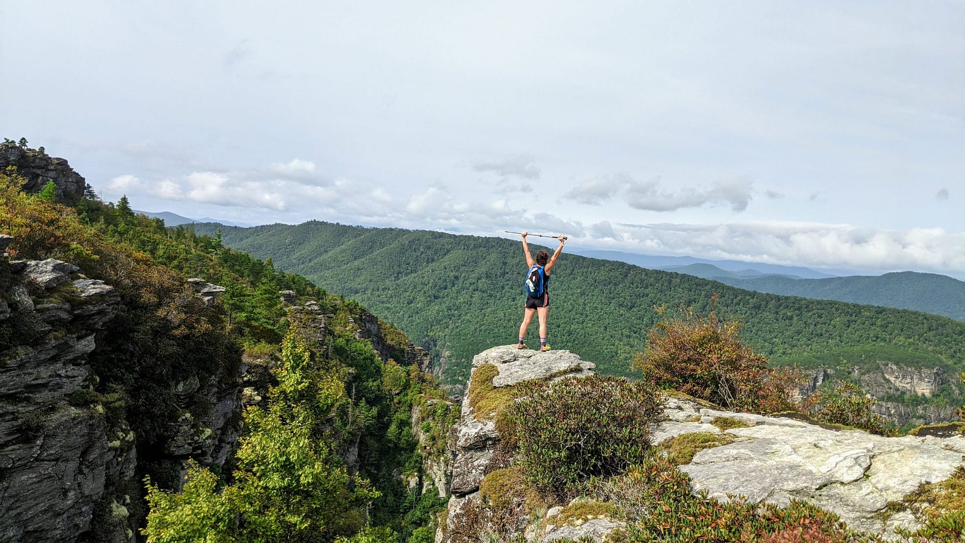 Learning to Overcome Fear: A girl holds a stick above her head looking over a mountain valley gorge