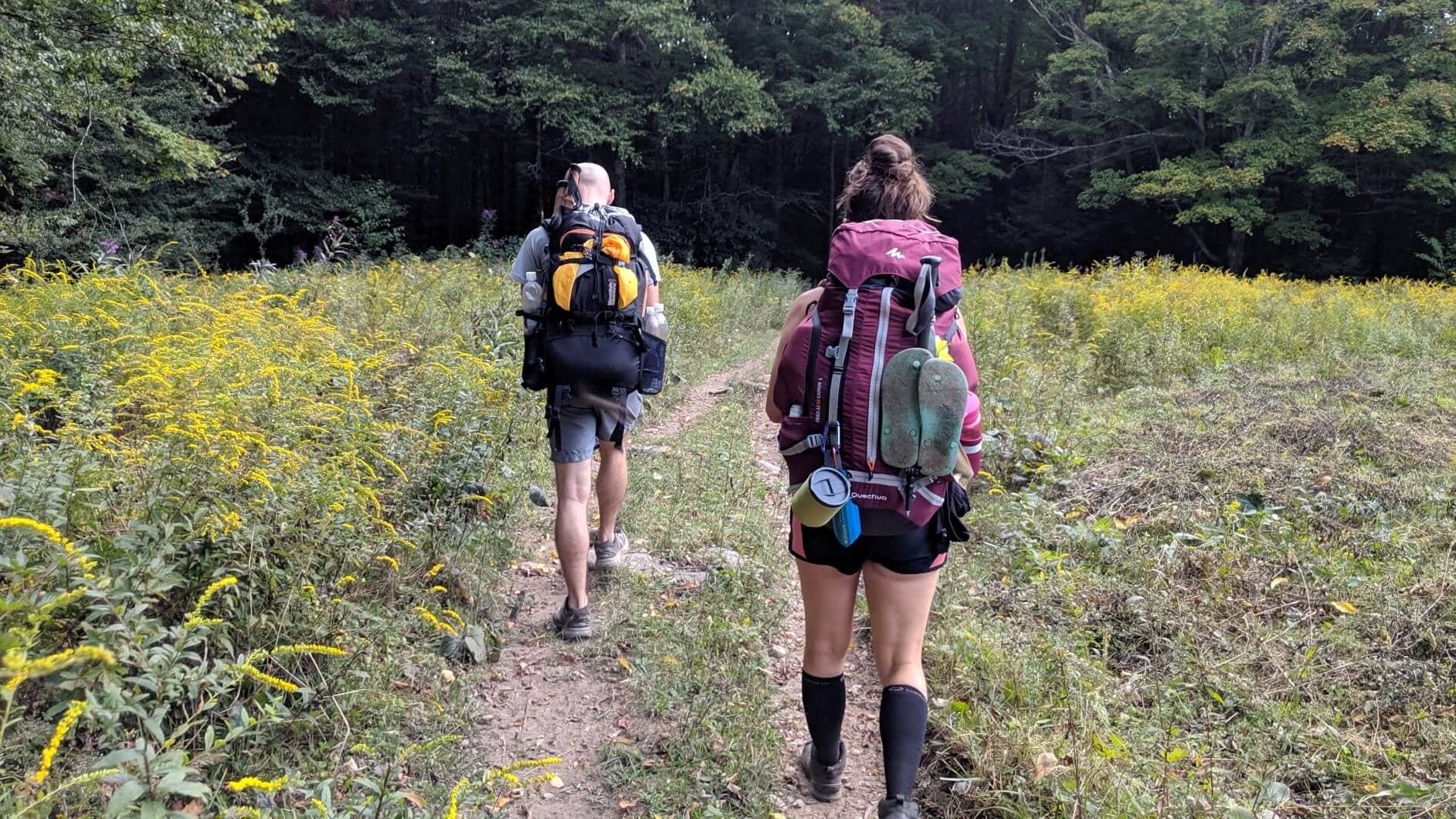 Two Backpackers with their Backpacking Gear hiking along a trail