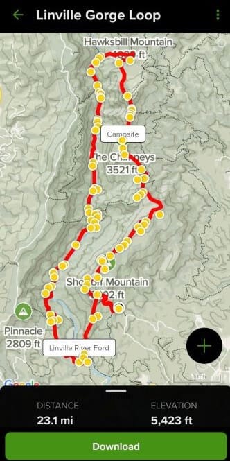 A screenshot of a very important day hike essential: a map. The pictured map is from the All Trails app showing the Linville Gorge Loop trail